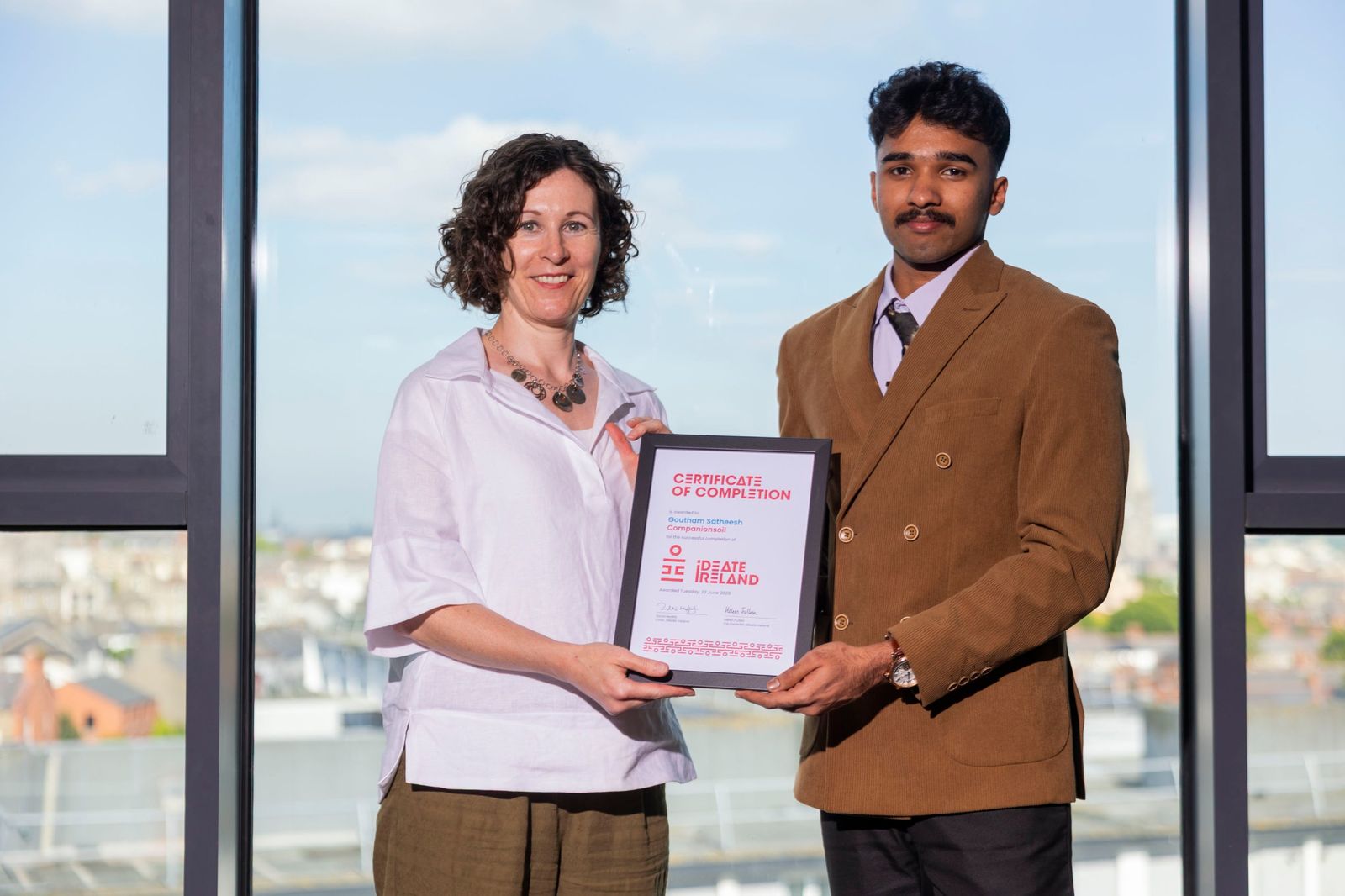 Goutham receiving an IDEATE Ireland certificate of completion for CompanionSoil.
