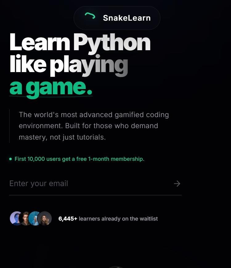 SnakeLearn landing page: Learn Python like playing a game.